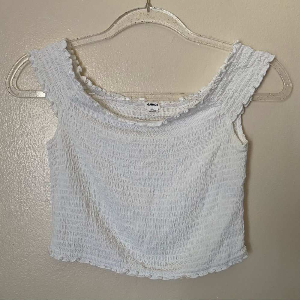 Garage White Off-Shoulder Lettuce Hem Smoked Crop Top